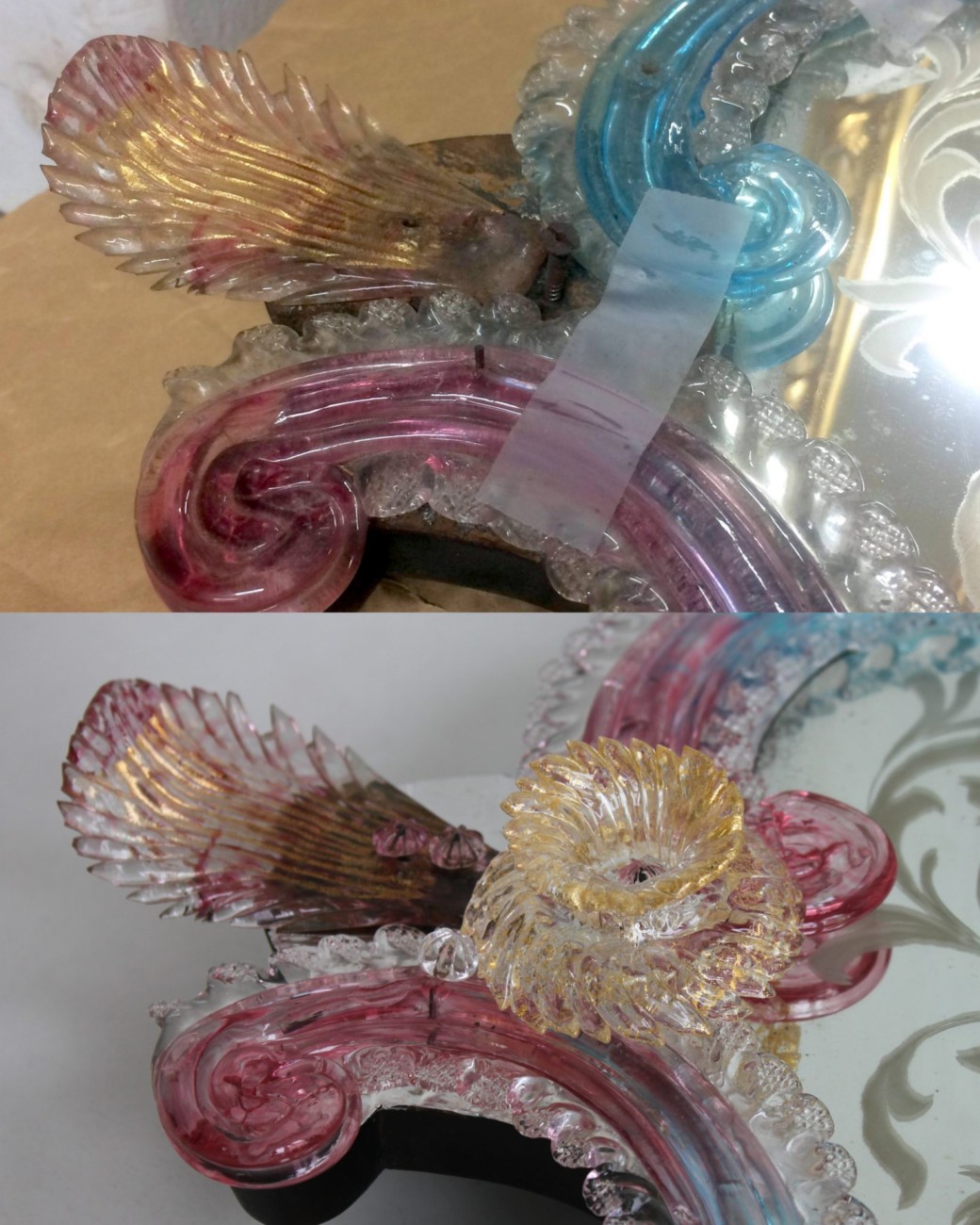 Restauration d’un miroir de Murano rose et bleu