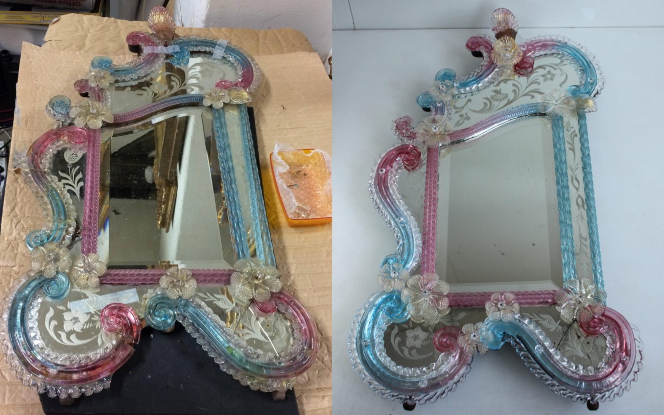 Restauration d’un miroir de Murano rose et bleu