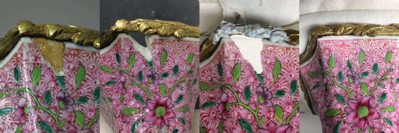 Restauration d’une paire de vases en porcelaine chinoise, monture de bronzes dorés, famille rose