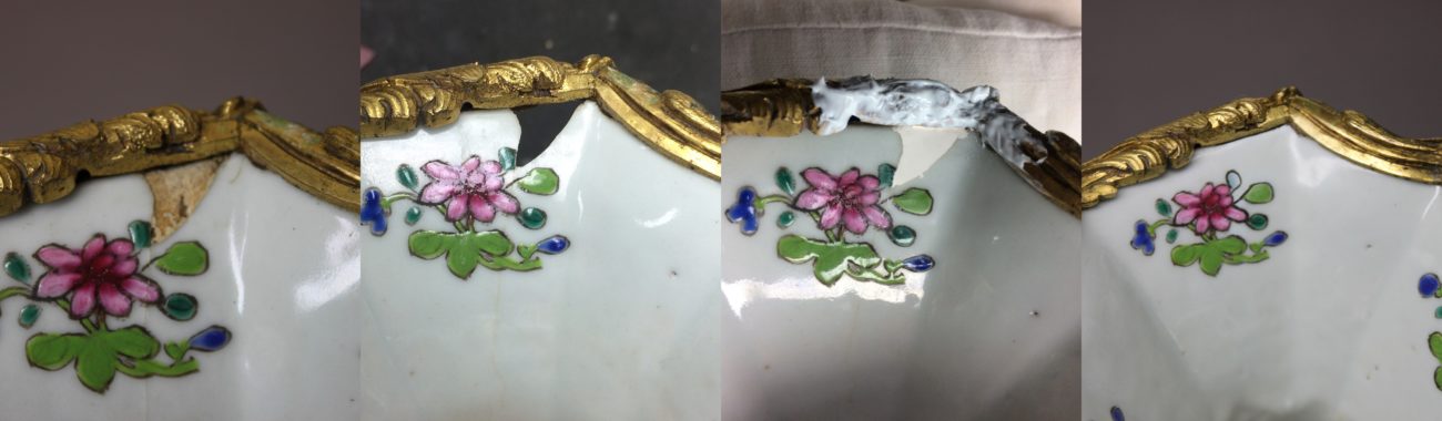 Restauration d’une paire de vases en porcelaine chinoise, monture de bronzes dorés, famille rose