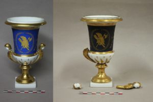 Restauration /réparation d'une céramique /céramiste en atelier Paris/Lille, vase en porcelaine blanche et bleu avec dorure et armoiries