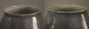 Restauration/réparation d'une céramique /céramiste en atelier Paris/Lille, vase en terre cuite émaillée d'Yves Suzanne