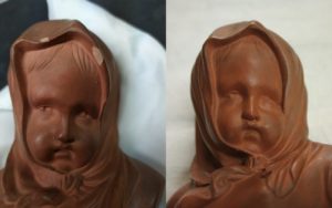 Restauration/réparation d'une céramique /céramiste en atelier Paris/Lille, buste en terre cuite de jeune fille