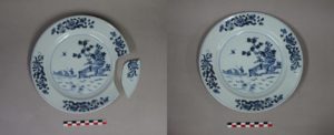 Restauration /réparation d'une céramique /céramiste en atelier Paris/Lille, assiette en porcelaine de Chine décor bleu