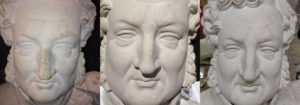 Restauration /réparation par restauratrice de céramique/céramiste d'une sculpture de buste en plâtre de Philippe-Auguste Ier en atelier à Paris/Lille