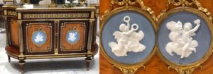 Restauration /réparation d'une céramique /céramiste en atelier Paris/Lille, paire de médaillons en biscuit de porcelaine de Paris sur un meuble d’appui ou d'entre-deux des années 1850-1860, époque Louis XVI