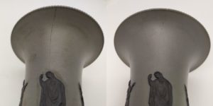 Restauration /réparation d'une céramique /céramiste en atelier Paris/Lille, vase en biscuit de porcelaine de Sarreguemines