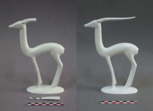 Restauration /réparation d'une céramique /céramiste en atelier Paris/Lille, d’une sculpture de danseuse, figurine/statue de gazelle Art déco - année 1920-1930 - Villeroy & Boch au Luxembourg