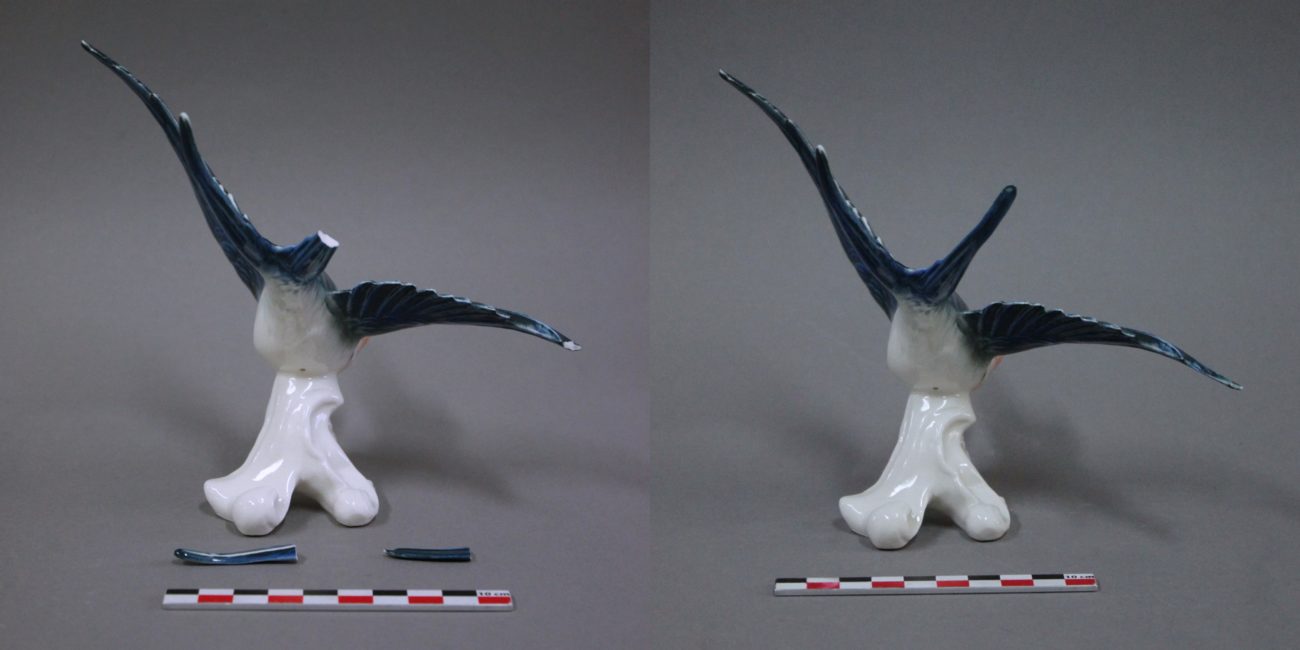 Restauration d’une figurine d’hirondelle en porcelaine allemande de la Manufacture Karl ENS, Saxe.